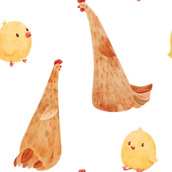 seamless pattern showcasing adorable chicks and a friendly hen, watercolor. spring and farm life, for children's illustrations, for applications like textiles, children's stationery, and more.