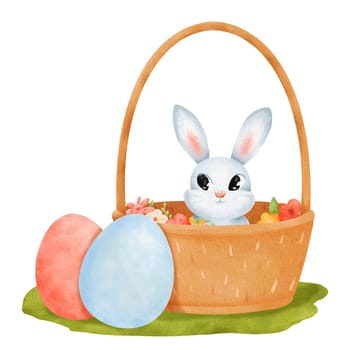 Watercolor composition featuring a woven basket with dyed eggs in front. Inside the basket spring flowers and a playful bunny. Cartoon-style illustration for conveying a whimsical, festive atmosphere.