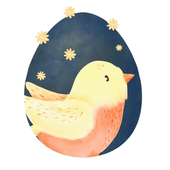 Easter watercolor composition featuring a springtime bird and bright orange wildflowers against a dark background. for creating festive and vibrant designs, for cards, prints, and textile applications.