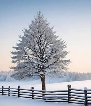 Beautiful winter landscape with frozen tree.Beautiful winter landscape with snow covered tree.Winter landscape with lonely tree.Frosted tree on a hillside in the winter season.