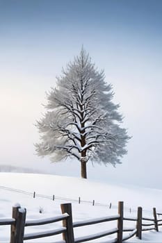 Beautiful winter landscape with frozen tree.Beautiful winter landscape with snow covered tree.Winter landscape with lonely tree.Frosted tree on a hillside in the winter season.