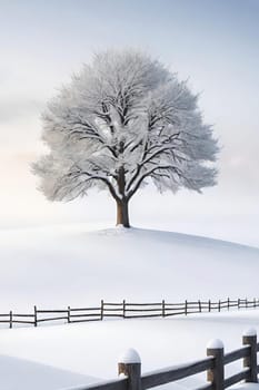 Beautiful winter landscape with frozen tree.Beautiful winter landscape with snow covered tree.Winter landscape with lonely tree.Frosted tree on a hillside in the winter season.