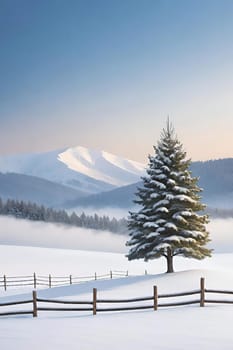 Beautiful winter landscape with frozen tree.Beautiful winter landscape with snow covered tree.Winter landscape with lonely tree.Frosted tree on a hillside in the winter season.