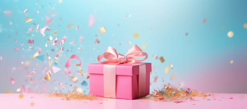 Gift of Celebration: Surprising Greetings in a Pink Box with Ribbon, Decorating the Festive Background.