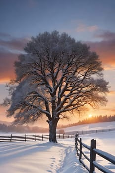 Beautiful winter landscape with frozen tree.Beautiful winter landscape with snow covered tree.Winter landscape with lonely tree.Frosted tree on a hillside in the winter season.