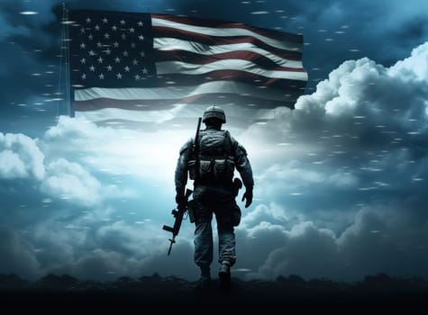 Silhouette of a Honorable American Soldier Saluting, Standing Against a Vintage American Flag on a Blue Background