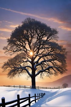 Beautiful winter landscape with frozen tree.Beautiful winter landscape with snow covered tree.Winter landscape with lonely tree.Frosted tree on a hillside in the winter season.