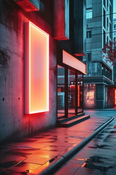 Urban night setting with a glowing orange neon-lit signboard on a dark sidewalk, providing a captivating copy space for text, suitable for outdoor advertising or modern art installations. Generative AI