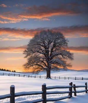 Beautiful winter landscape with frozen tree.Beautiful winter landscape with snow covered tree.Winter landscape with lonely tree.Frosted tree on a hillside in the winter season.