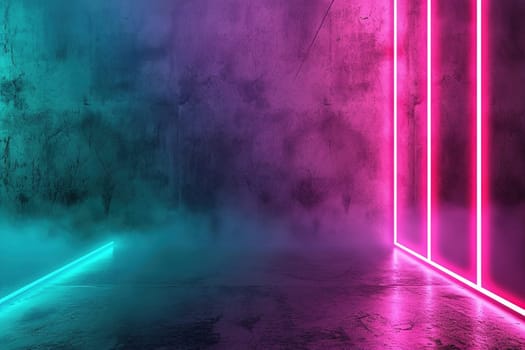 Cyberpunk-inspired room with neon pink and blue lights on textured walls, perfect for atmospheric backgrounds or vibrant graphic designs. Copy space for text. Generative AI