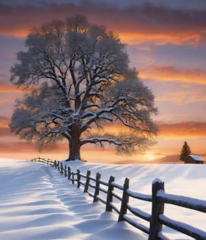 Beautiful winter landscape with frozen tree.Beautiful winter landscape with snow covered tree.Winter landscape with lonely tree.Frosted tree on a hillside in the winter season.