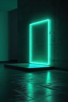 Minimalist green neon light frame in a dark room with textured walls, offering a dramatic and modern copy space for text, advertising. Generative AI