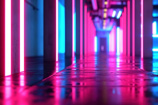 Futuristic neon-lit corridor with vivid pink and blue lights reflecting on glossy floor, perfect for gaming, VR environments, or modern sci-fi visuals. Generative AI