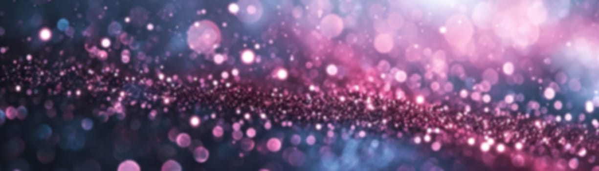 A radiant violet glitter bokeh background, ideal for use in beauty, romance-themed visuals or celebratory event graphics. Panoramic banner. Generative AI