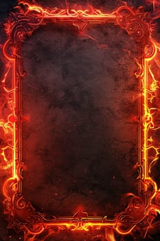 Fiery ornate frame with vibrant, glowing edges on a dark, textured background, ideal for dramatic artwork, themed events, and bold graphic design in high-resolution formats. Copy space. Generative AI