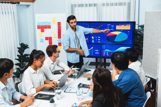 Presentation in office or meeting room with analyst team utilizing BI Fintech to analyze financial data. Businesspeople analyzing BI dashboard power display on TV screen for strategic planning.Prudent