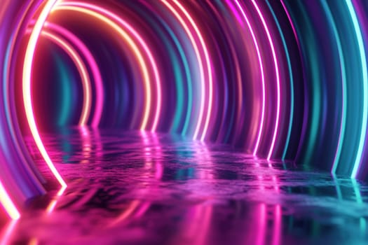 Abstract neon tunnel with glowing colorful rings reflected on a wet surface, a vibrant choice for tech, music, or gaming themed backgrounds. Generative AI