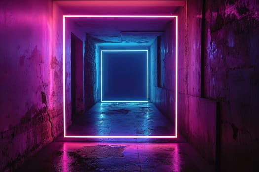 Abstract concept of a corridor with sequential neon frames in pink and blue, creating depth and leading to copy space for text, ideal for creative visuals. Generative AI