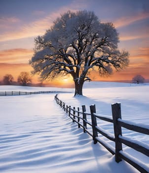 Beautiful winter landscape with frozen tree.Beautiful winter landscape with snow covered tree.Winter landscape with lonely tree.Frosted tree on a hillside in the winter season.