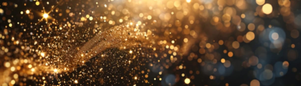 A majestic golden sparkle with a bokeh effect, perfect for high-end product backgrounds, festive occasions, or luxury brand visuals. Abstract panoramic banner with shiny particles. Generative AI