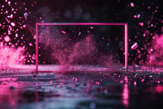 A neon pink rectangular frame amidst a dramatic particle splash, great for edgy fashion promos, vibrant event posters, or modern digital art. Generative AI