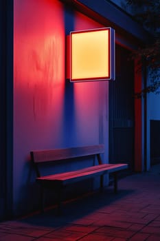 An empty signboard with glowing neon edges hangs over a bench at twilight, offering a mesmerizing ambiance and ample space for tailored messaging. Generative AI