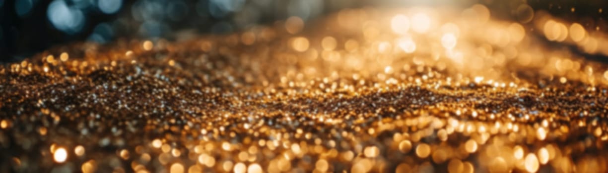 A majestic golden sparkle with a bokeh effect, perfect for high-end product backgrounds, festive occasions, or luxury brand visuals. Abstract panoramic banner with shiny particles. Generative AI