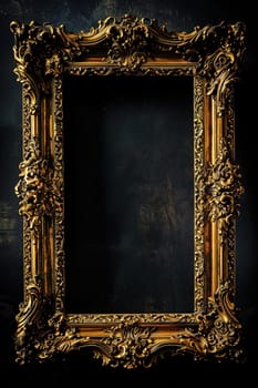 Ornate golden baroque frame on dark backdrop, perfect for classical art displays, vintage decor, sophisticated design elements. Empty vertical frame. Copy space. Generative AI