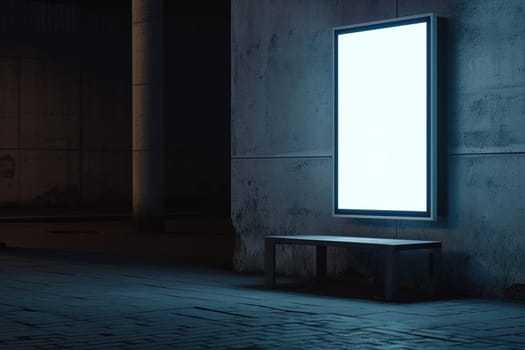 An illuminated vertical signboard casts a serene glow on a desolate street corner at dusk, offering an ideal blank canvas for advertisements or pictures. Generative AI