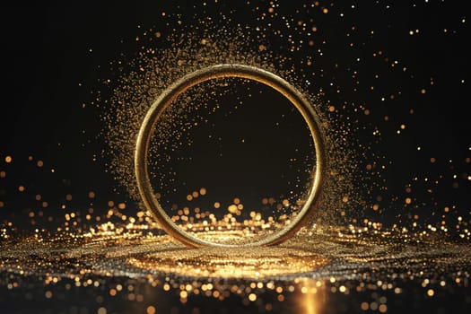 A stunning golden circular frame with sparkling particles, ideal for exclusive event invitations, luxury branding, or special occasion designs. Copy space. Generative AI
