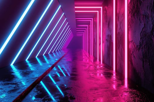 Futuristic neon-lit corridor with vivid pink and blue lights reflecting on glossy floor, perfect for gaming, VR environments, or modern sci-fi visuals. Generative AI