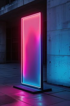 Striking vertical signboard with neon pink to blue gradient, standing on a wet pavement against a concrete wall, perfect for vibrant advertising, brand promotions. Generative AI