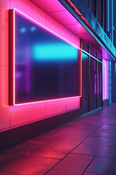 An empty neon-lit billboard on a city street at twilight, perfect for adding advertising or graphics for a modern urban aesthetic. Generative AI