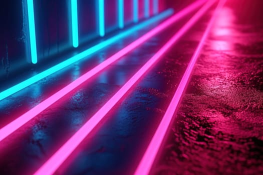 Dynamic abstract background with diagonal neon pink and blue lines on a wet surface, creating a vibrant visual perfect for modern and energetic themes. Generative AI