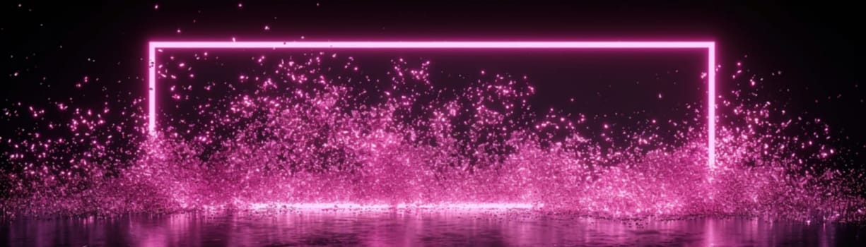 Futuristic pink neon frame on a reflective surface with sparkling particles, ideal for modern art concepts, event promotion, or creative visuals. Copy space for text. Banner. Generative AI