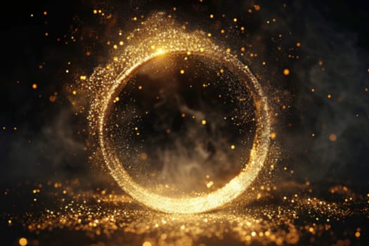 A stunning golden circular frame with sparkling particles, ideal for exclusive event invitations, luxury branding, or special occasion designs. Copy space. Generative AI