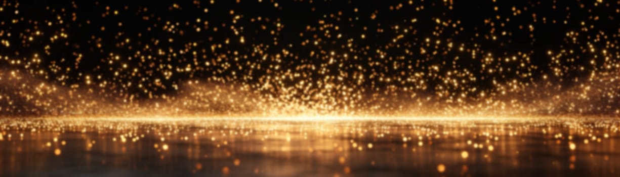 A majestic golden sparkle with a bokeh effect, perfect for high-end product backgrounds, festive occasions, or luxury brand visuals. Abstract panoramic banner with shiny particles. Generative AI