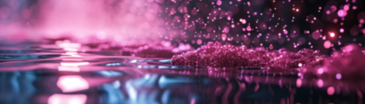 Ethereal pink particles dance above a reflective surface, ideal for cosmetic ads, festive occasions, and digital art projects with a touch of fantasy. Panoramic background. Generative AI