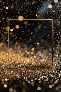 An exquisite golden particle frame amidst a sparkling bokeh, perfect for sophisticated event announcements, luxury product framing, or elegant marketing materials. Generative AI