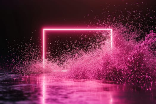 A neon pink rectangular frame amidst a dramatic particle splash, great for edgy fashion promos, vibrant event posters, or modern digital art. Generative AI