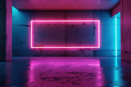 Empty minimalist frame illuminated by vibrant pink neon lighting, set against grungy wall with ample space for text. Perfect for event visuals, promotional content. Generative AI