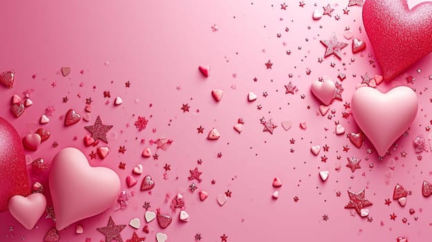 Pink card with hearts and sparkles for Valentine's Day. selective focus. Holidays Generative AI,