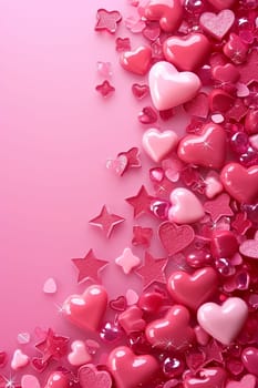 Pink card with hearts and sparkles for Valentine's Day. selective focus. Holidays Generative AI,