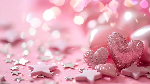 Pink card with hearts and sparkles for Valentine's Day. selective focus. Holidays Generative AI,