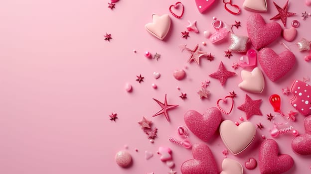 Pink card with hearts and sparkles for Valentine's Day. selective focus. Holidays Generative AI,