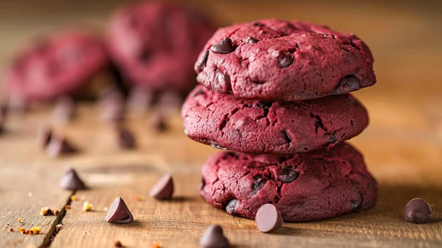 Vegetarian cookies with beet juice and chocolate chips, on a platter on a light wood countertop, close-up.