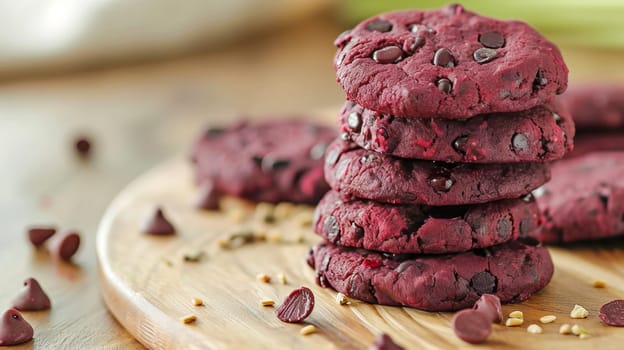 Vegetarian cookies with beet juice and chocolate chips, on a platter on a light wood countertop, close-up.