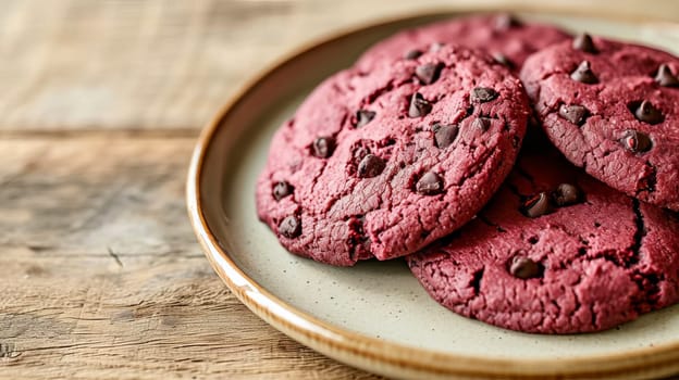 Vegetarian cookies with beet juice and chocolate chips, on a platter on a light wood countertop, close-up.