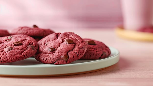 Vegetarian cookies with beet juice and chocolate chips, on a platter on a light wood countertop, close-up.