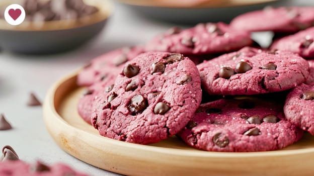 Vegetarian cookies with beet juice and chocolate chips, on a platter on a light wood countertop, close-up.